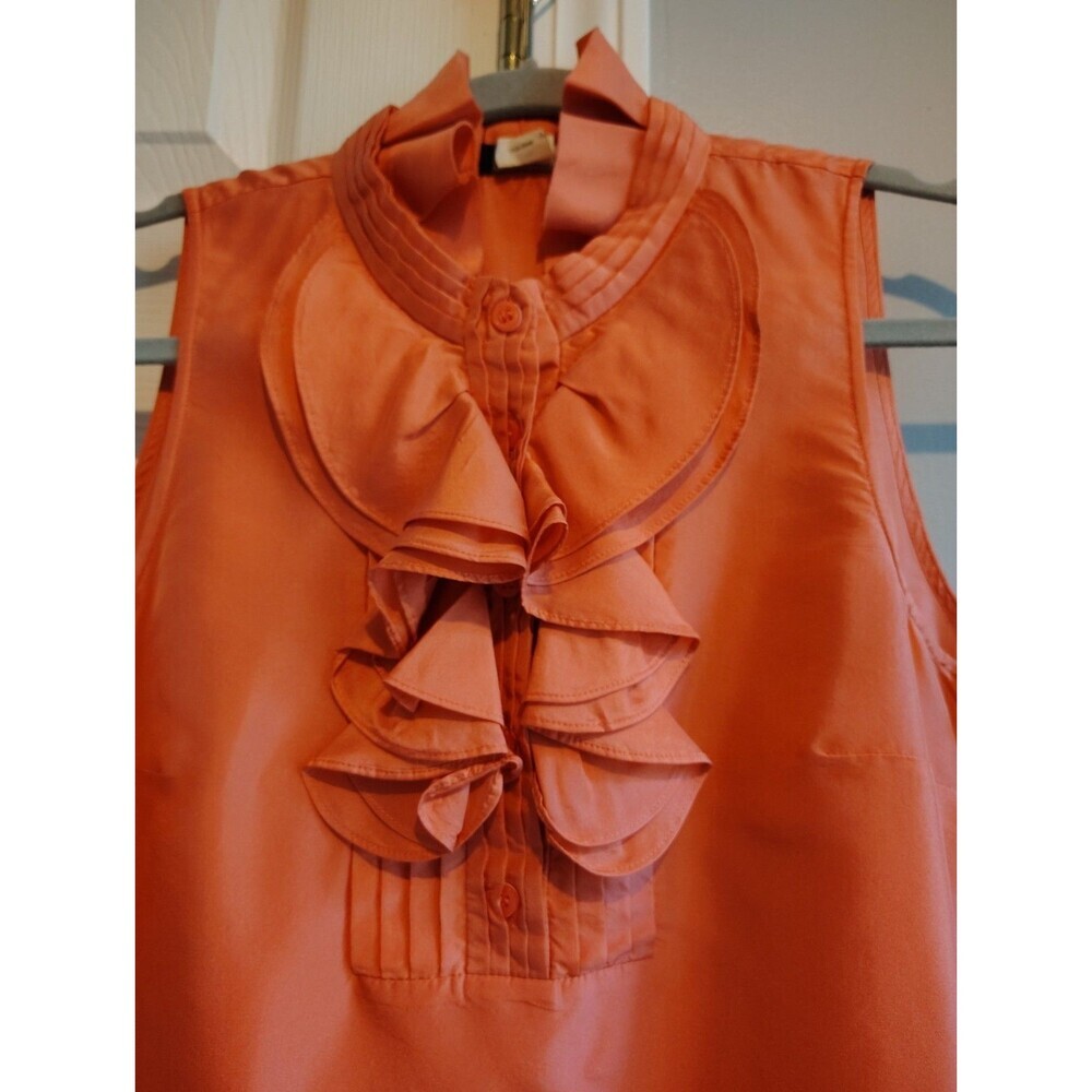 J CREW Orange-Red Button Front Sleeveless Blouse 100% Silk Ruffles Lined Size 6 - Picture 7 of 10